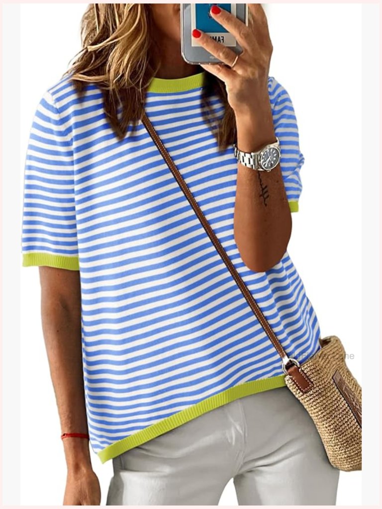 Striped Color Block Knit Pullover Sweater Short Sleeve High Low Tee